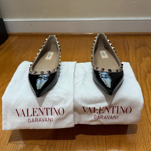 Valentino Rockstud Accents Leather Flats - Black Patent Leather - Picture 1 of 6
